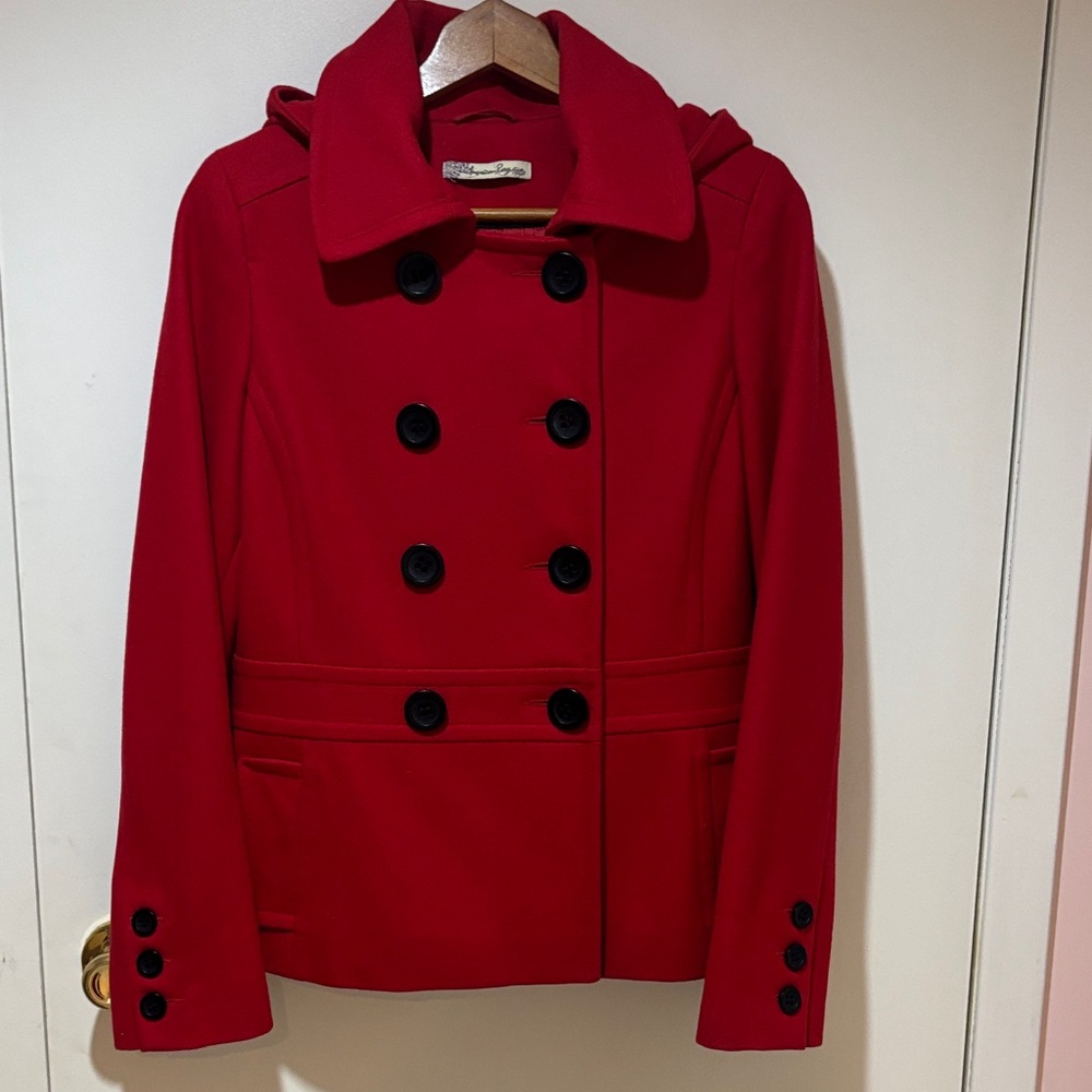 American Rag Red Pea Coat with Black Buttons